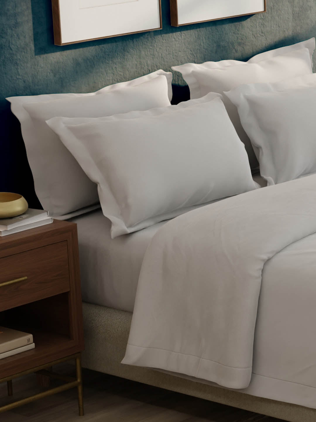 100% Cotton 300 TC, King Size Dyed Bedsheet with 1 Duvet Cover and 4 Pillow Covers, Emblem Collection - Oyester Mushroom