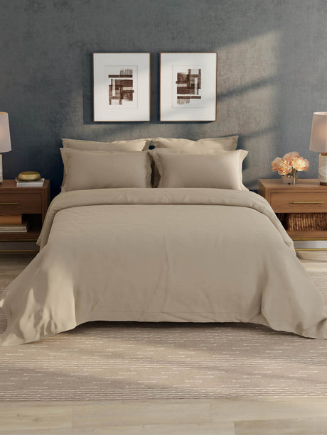 100% Cotton 300 TC, King Size Dyed Bedsheet with 1 Duvet Cover and 4 Pillow Covers, Emblem Collection - Light Taupe