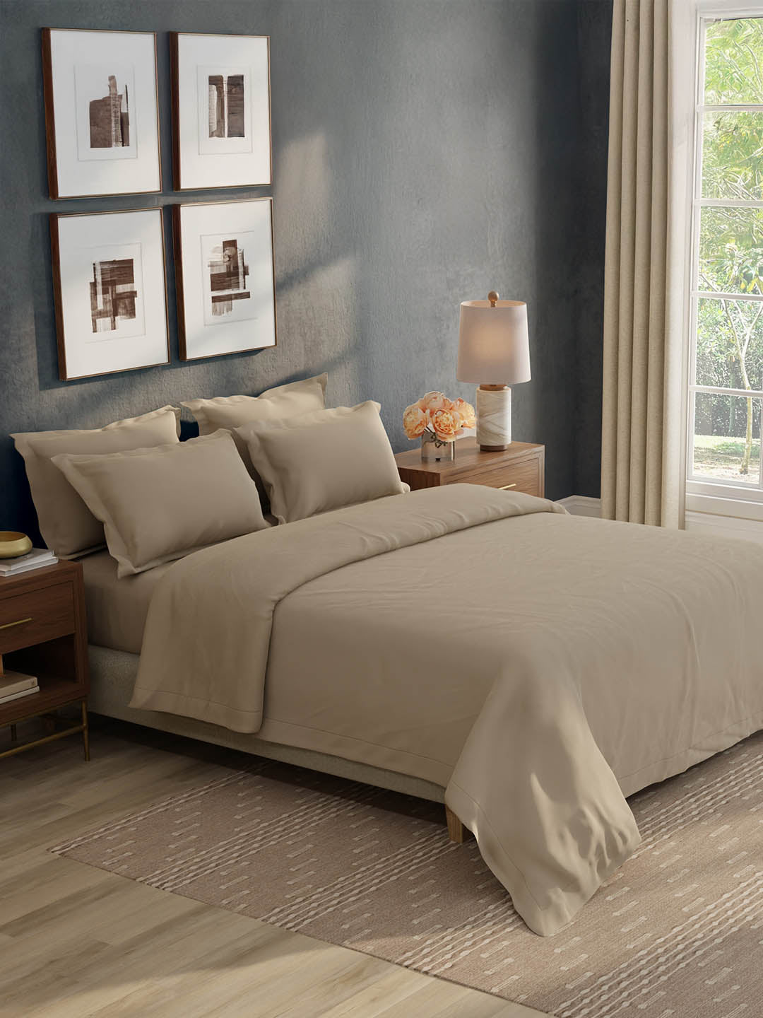 100% Cotton 300 TC, King Size Dyed Bedsheet with 1 Duvet Cover and 4 Pillow Covers, Emblem Collection - Light Taupe