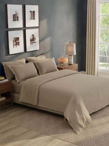 100% Cotton 300 TC, King Size Dyed Bedsheet with 1 Duvet Cover and 4 Pillow Covers, Emblem Collection - Light Taupe