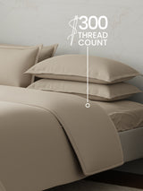 100% Cotton, 300 TC | King Size Bedding Set | 1 Bedsheet with 1 Duvet Cover & 4 Pillow Covers | Emblem Collection - Beige