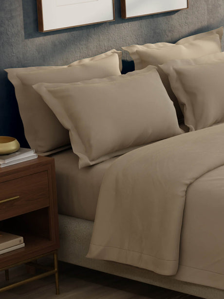 100% Cotton 300 TC, King Size Dyed Bedsheet with 1 Duvet Cover and 4 Pillow Covers, Emblem Collection - Light Taupe