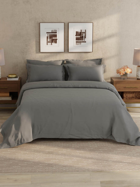 100% Cotton 300 TC, King Size Dyed Bedsheet with 1 Duvet Cover and 4 Pillow Covers, Emblem Collection - Pewter