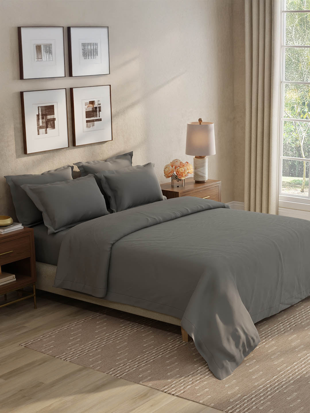 100% Cotton 300 TC, King Size Dyed Bedsheet with 1 Duvet Cover and 4 Pillow Covers, Emblem Collection - Pewter