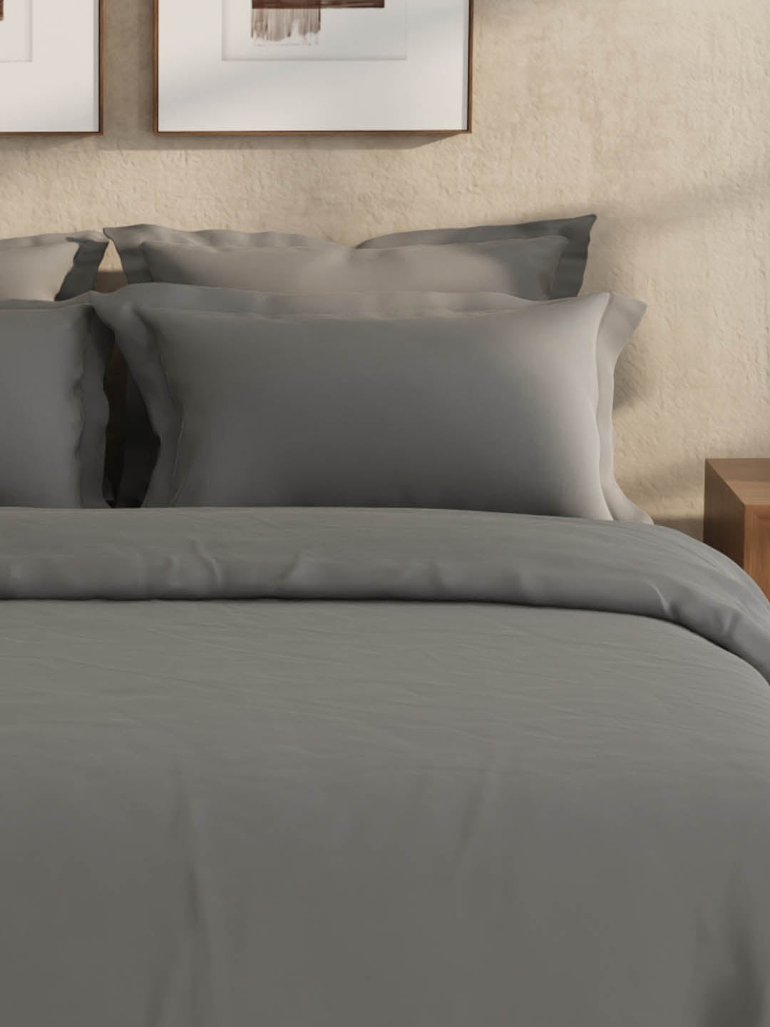 100% Cotton 300 TC, King Size Dyed Bedsheet with 1 Duvet Cover and 4 Pillow Covers, Emblem Collection - Pewter