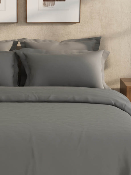 100% Cotton 300 TC, King Size Dyed Bedsheet with 1 Duvet Cover and 4 Pillow Covers, Emblem Collection - Pewter