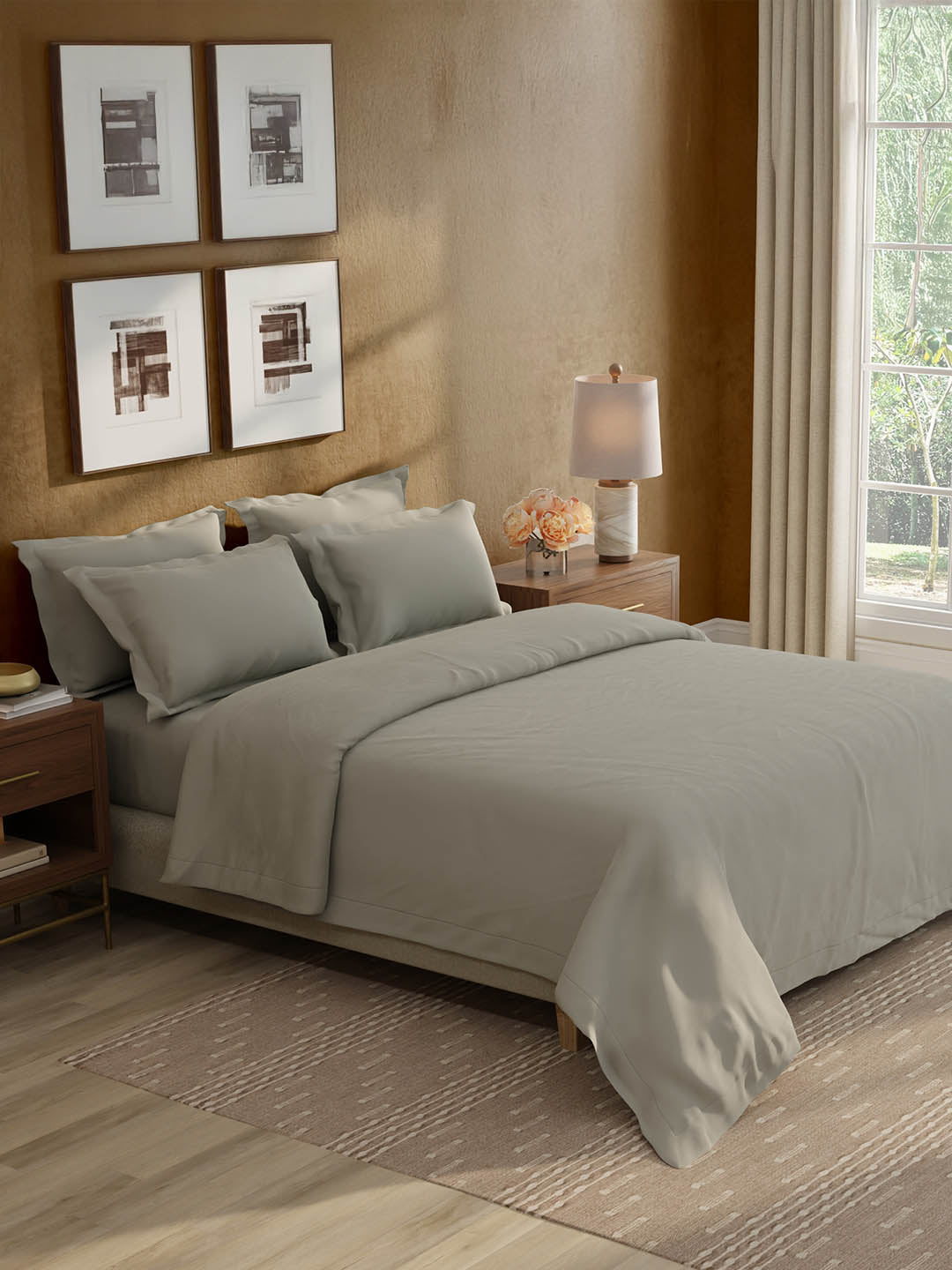100% Cotton 300 TC, King Size Dyed Bedsheet with 1 Duvet Cover and 4 Pillow Covers, Emblem Collection - Steeple Gray