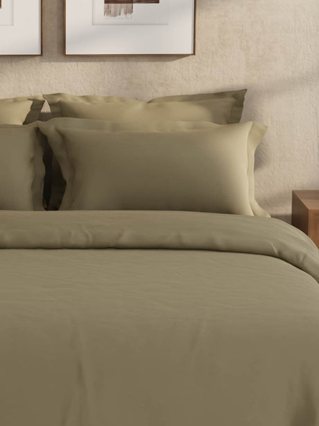 100% Cotton 300 TC, King Size Dyed Bedsheet with 1 Duvet Cover and 4 Pillow Covers, Emblem Collection - Dusky Green