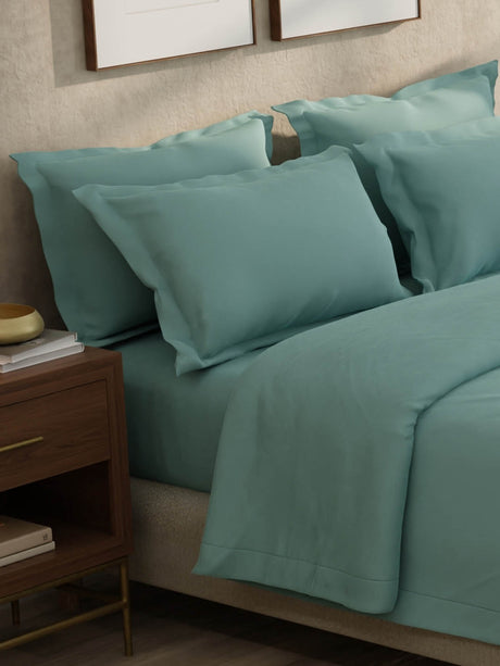 100% Cotton 300 TC, King Size Dyed Bedsheet with 1 Duvet Cover and 4 Pillow Covers, Emblem Collection - Arona