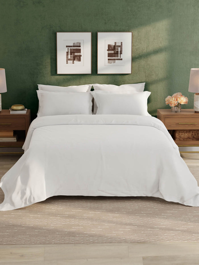 100% Cotton 300 TC, King Size Dyed Bedsheet with 1 Duvet Cover and 4 Pillow Covers, Emblem Collection - Bright White