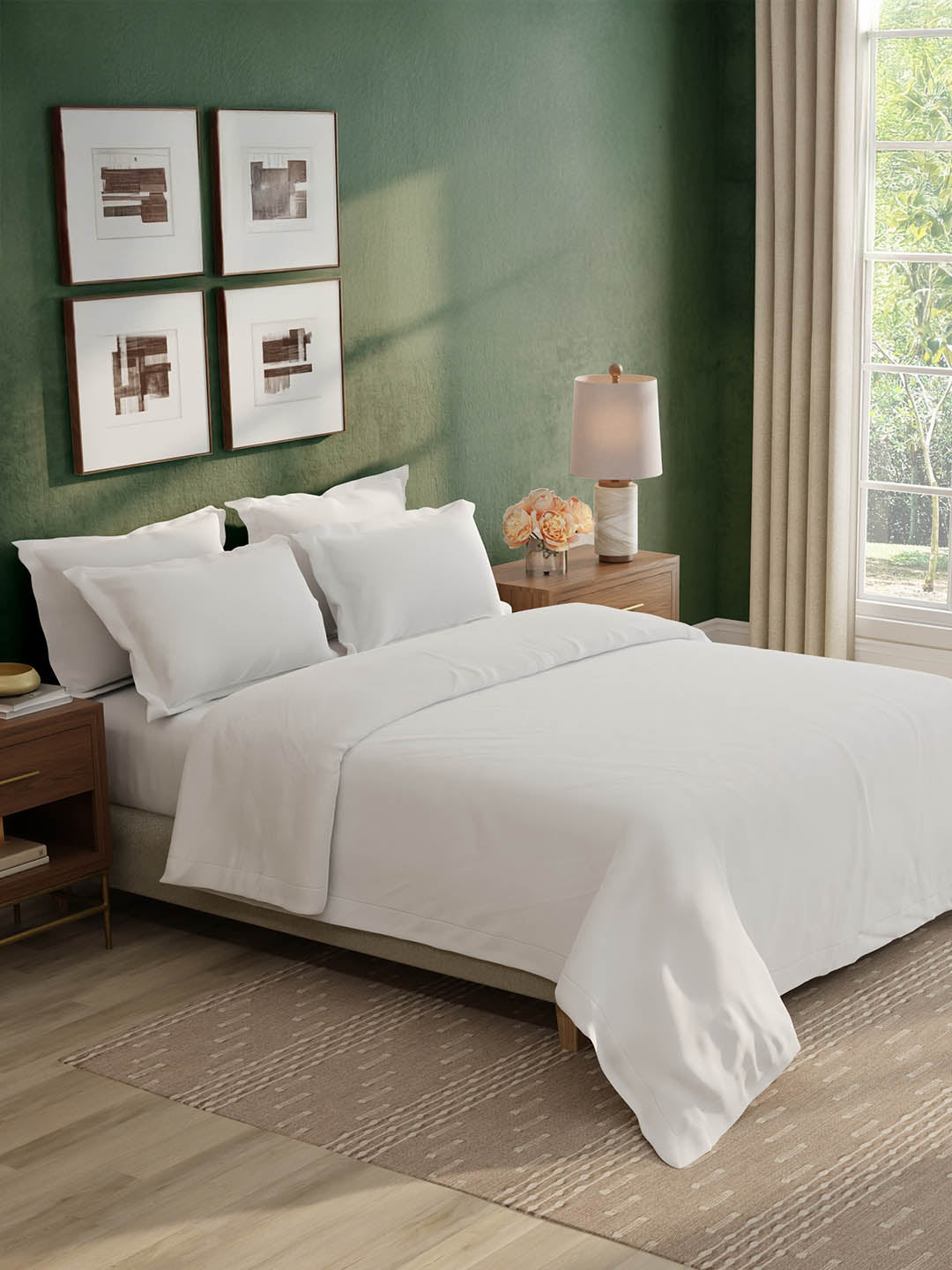 100% Cotton 300 TC, King Size Dyed Bedsheet with 1 Duvet Cover and 4 Pillow Covers, Emblem Collection - Bright White