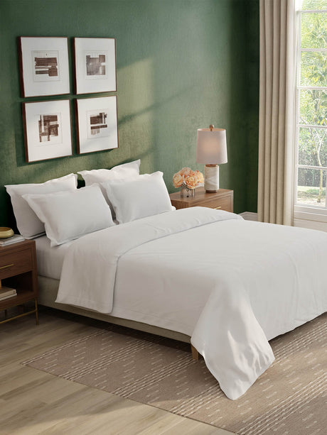 100% Cotton 300 TC, King Size Dyed Bedsheet with 1 Duvet Cover and 4 Pillow Covers, Emblem Collection - Bright White
