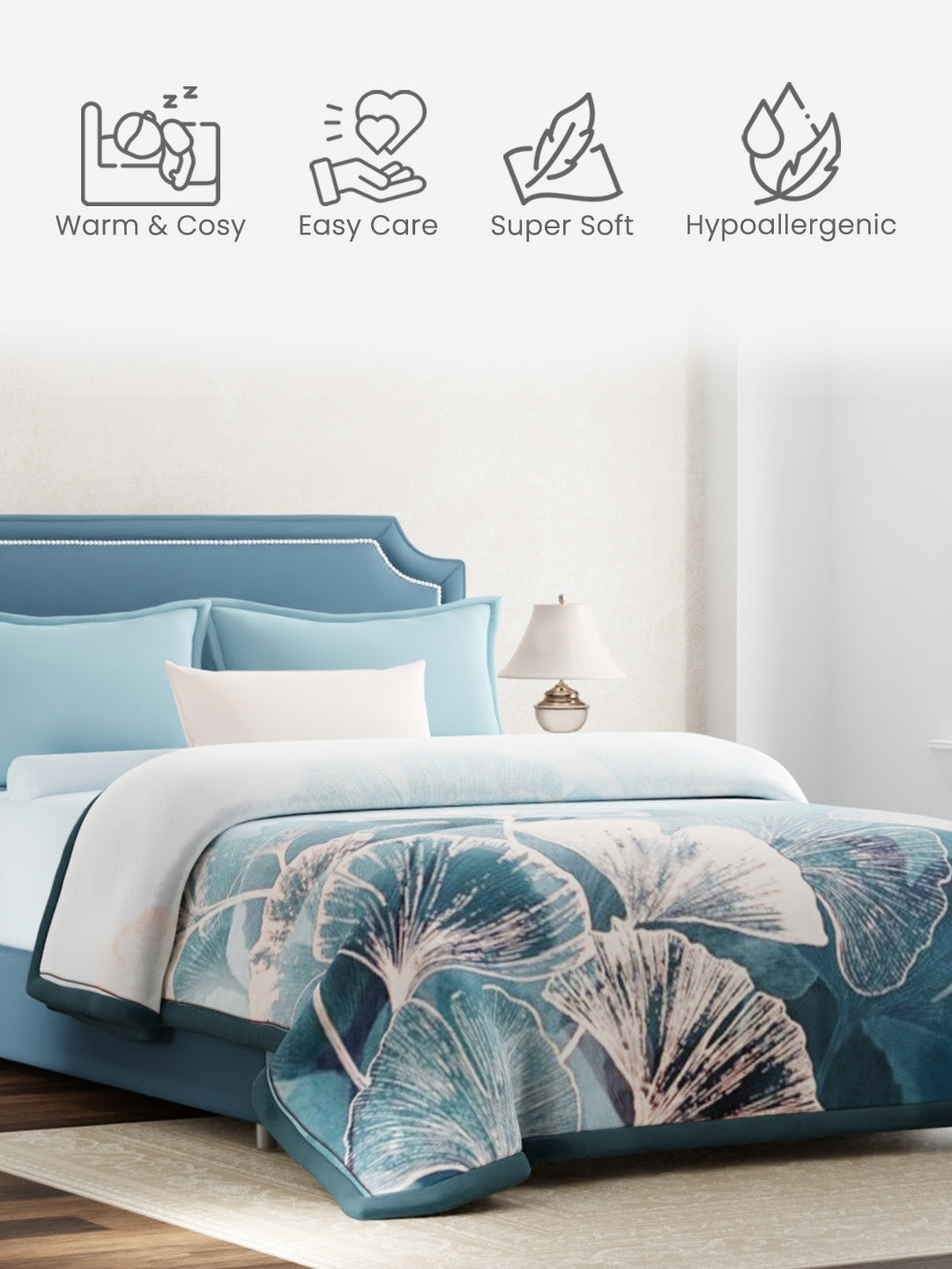 Double Size 2-Ply Cloudy Blanket for Heavy Winter, Blue Floral (2.40 m L x 2.20 m W), Infinity