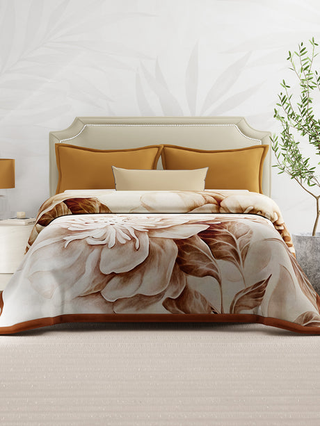 Double Size 3-Ply Blanket for Heavy Winter, Brown Floral, (2.40 m L x 2.20 m W), Luxe Loom