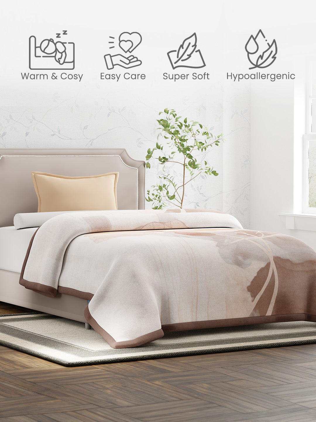 Single Size 2-Ply Blanket for Mild Winter, Brown Printed (2.20 L m x 1.60 W m), Gardenia Augusta