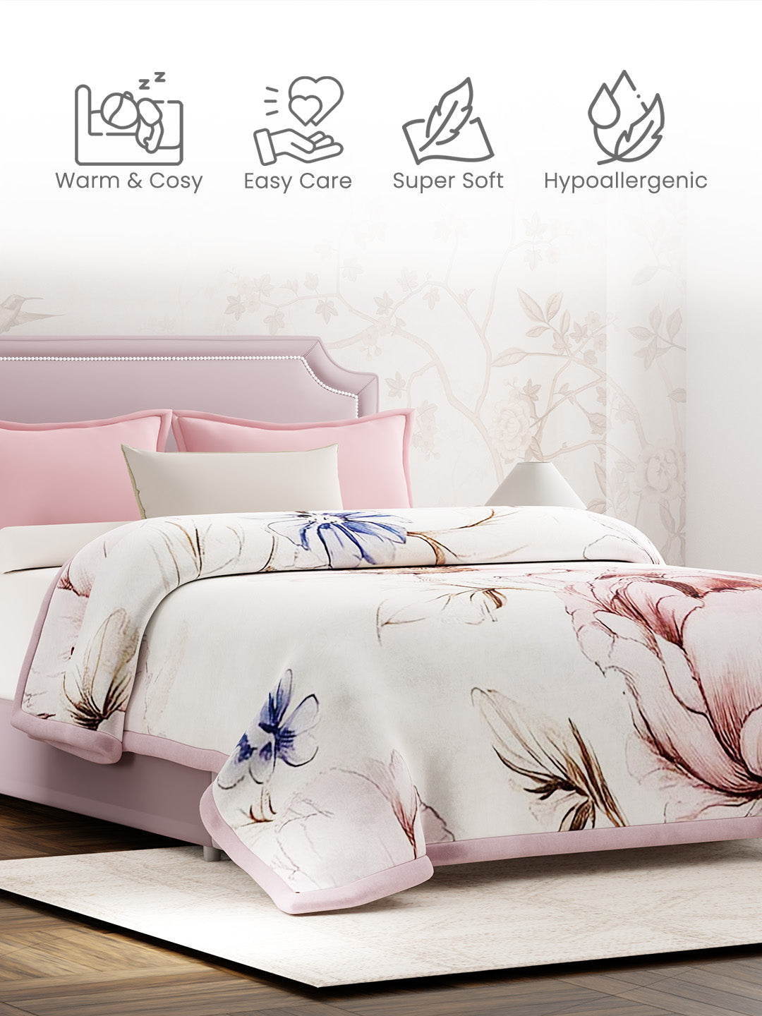 Double Size 3-Ply Blanket for Heavy Winter, Pink Floral, (2.40 m L x 2.20 m W), Luxe Loom