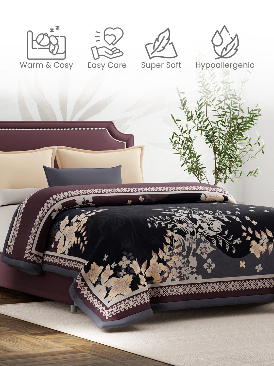 Double Size 3-Ply Blanket for Heavy Winter, Grey Floral, (2.40 m L x 2.20 m W), Luxe Loom