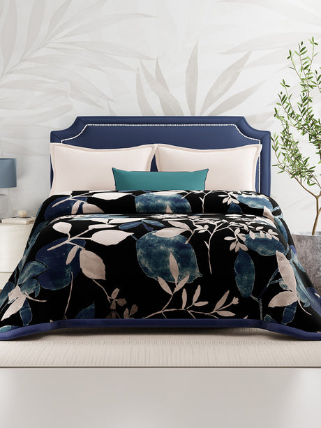 Double Size 3-Ply Blanket for Heavy Winter, Blue Floral, (2.40 m L x 2.20 m W), Luxe Loom