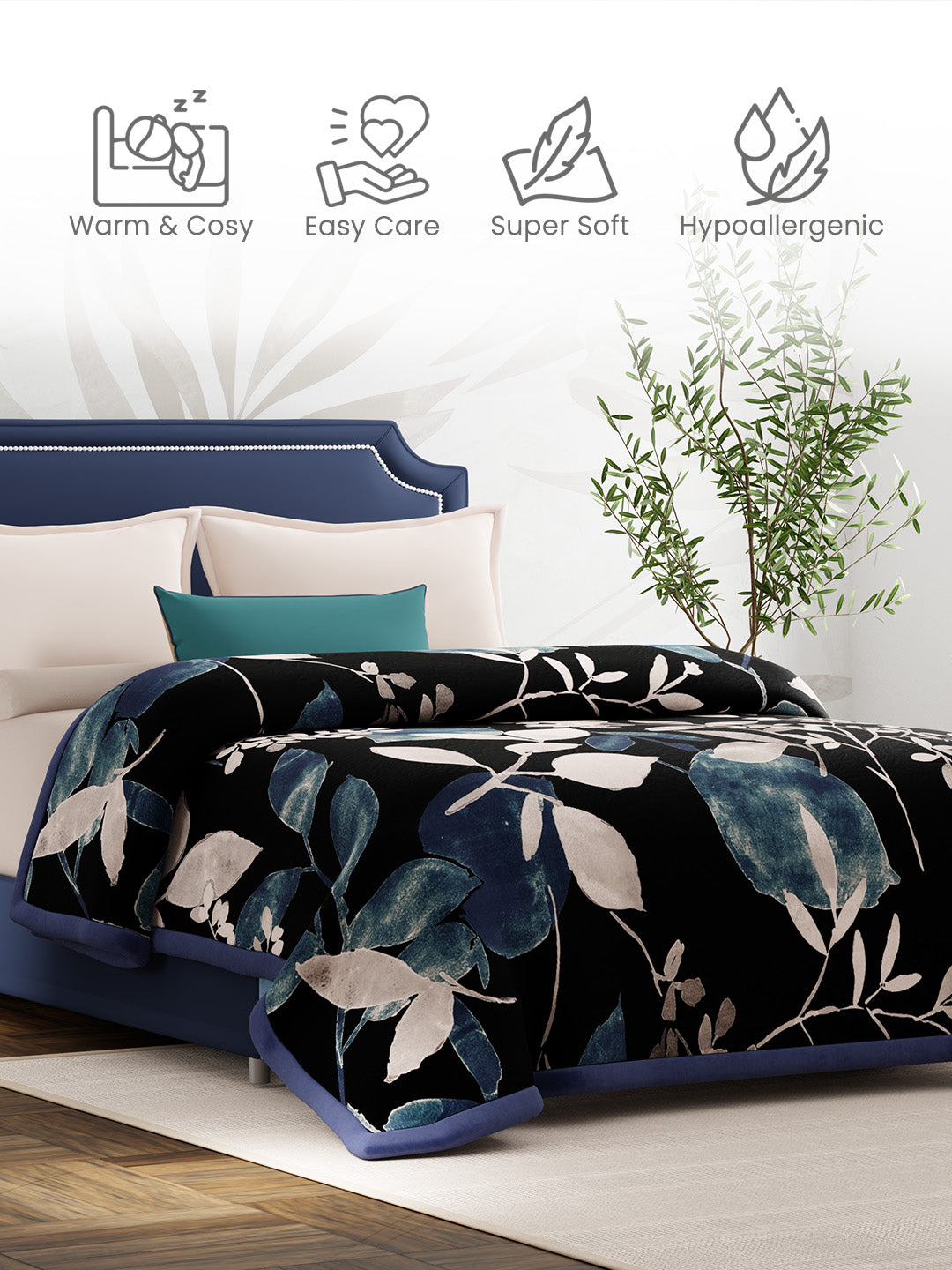 Double Size 3-Ply Blanket for Heavy Winter, Blue Floral, (2.40 m L x 2.20 m W), Luxe Loom