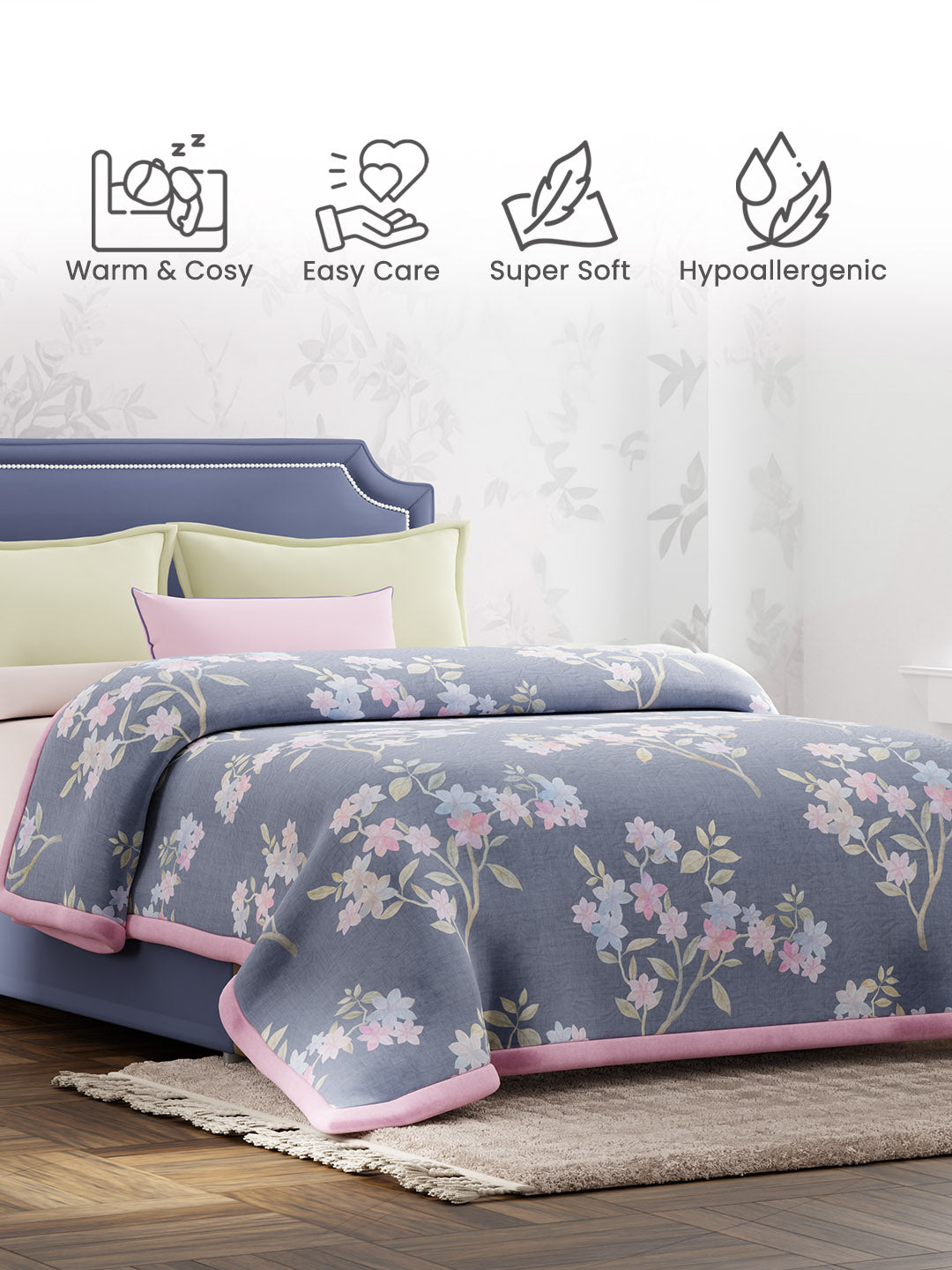 Scented Double Blanket for Heavy Winter, Grey Floral (94 inches L x 87 inches W), Nature Bouquet