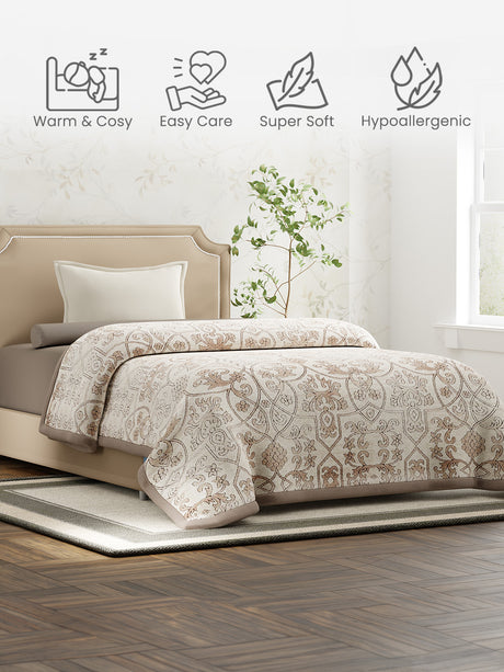 Single Size 2-Ply Blanket for Mild Winter, Beige Printed (2.20 L m x 1.60 W m), Gardenia Augusta