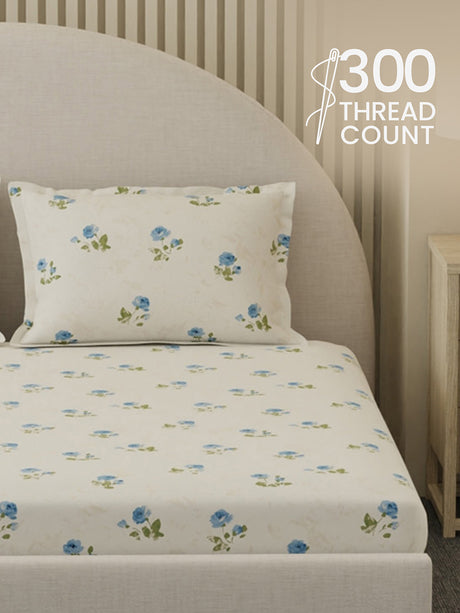 100% Cotton 300 TC, Printed King Bedsheet Set, Cottage Garden