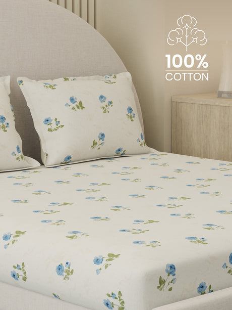 100% Cotton 300 TC, Printed King Bedsheet Set, Cottage Garden