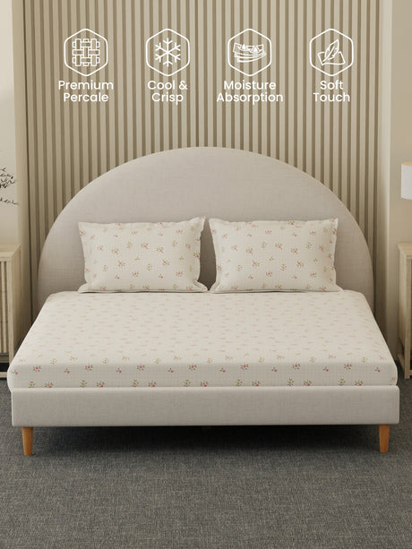 100% Cotton 300 TC, Printed King Bedsheet Set, Cottage Garden