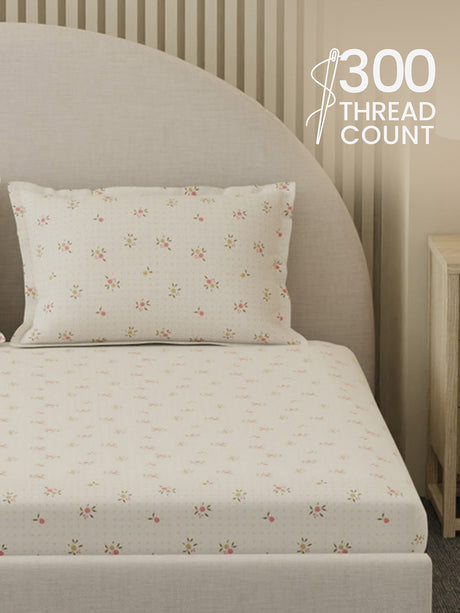 100% Cotton 300 TC, Printed King Bedsheet Set, Cottage Garden