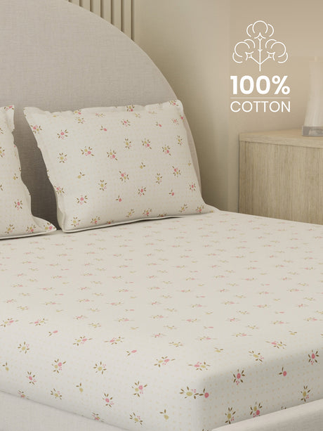 100% Cotton 300 TC, Printed King Bedsheet Set, Cottage Garden