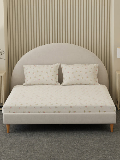 100% Cotton 300 TC, Printed King Bedsheet Set, Cottage Garden