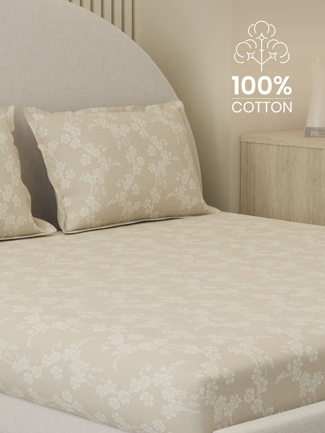 100% Cotton 300 TC, Printed King Bedsheet Set, Cottage Garden
