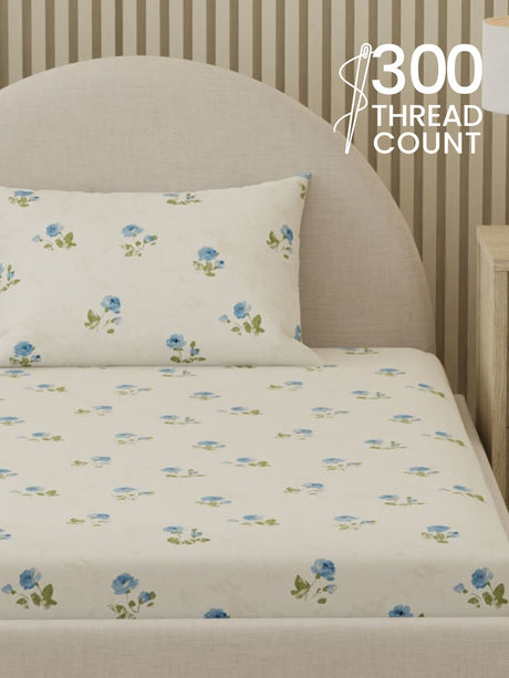100% Cotton, 300 TC Printed Single Bedsheet Set, Cottage Garden