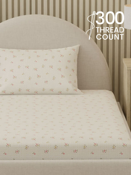 100% Cotton, 300 TC Printed Single Bedsheet Set, Cottage Garden