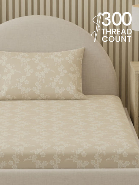 100% Cotton, 300 TC Printed Single Bedsheet Set, Cottage Garden