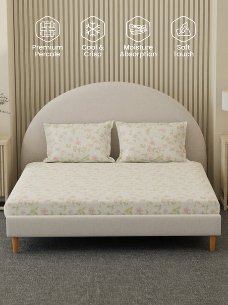 100% Cotton 300 TC, Printed King Bedsheet Set, Cottage Garden