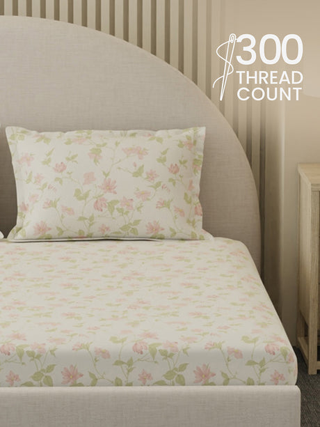 100% Cotton 300 TC, Printed King Bedsheet Set, Cottage Garden