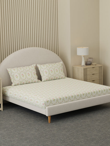 100% Cotton 300 TC, Printed King Bedsheet Set, Cottage Garden