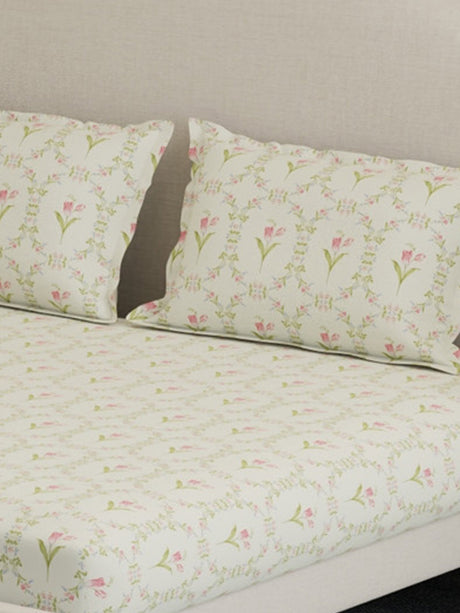 100% Cotton 300 TC, Printed King Bedsheet Set, Cottage Garden