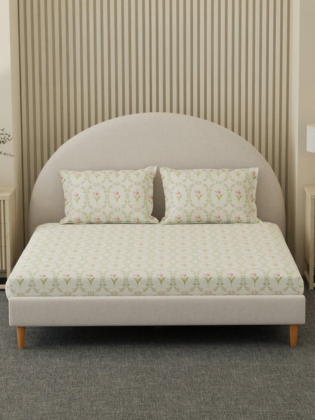 100% Cotton 300 TC, Printed King Bedsheet Set, Cottage Garden