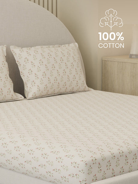 100% Cotton 300 TC, Printed King Bedsheet Set, Cottage Garden