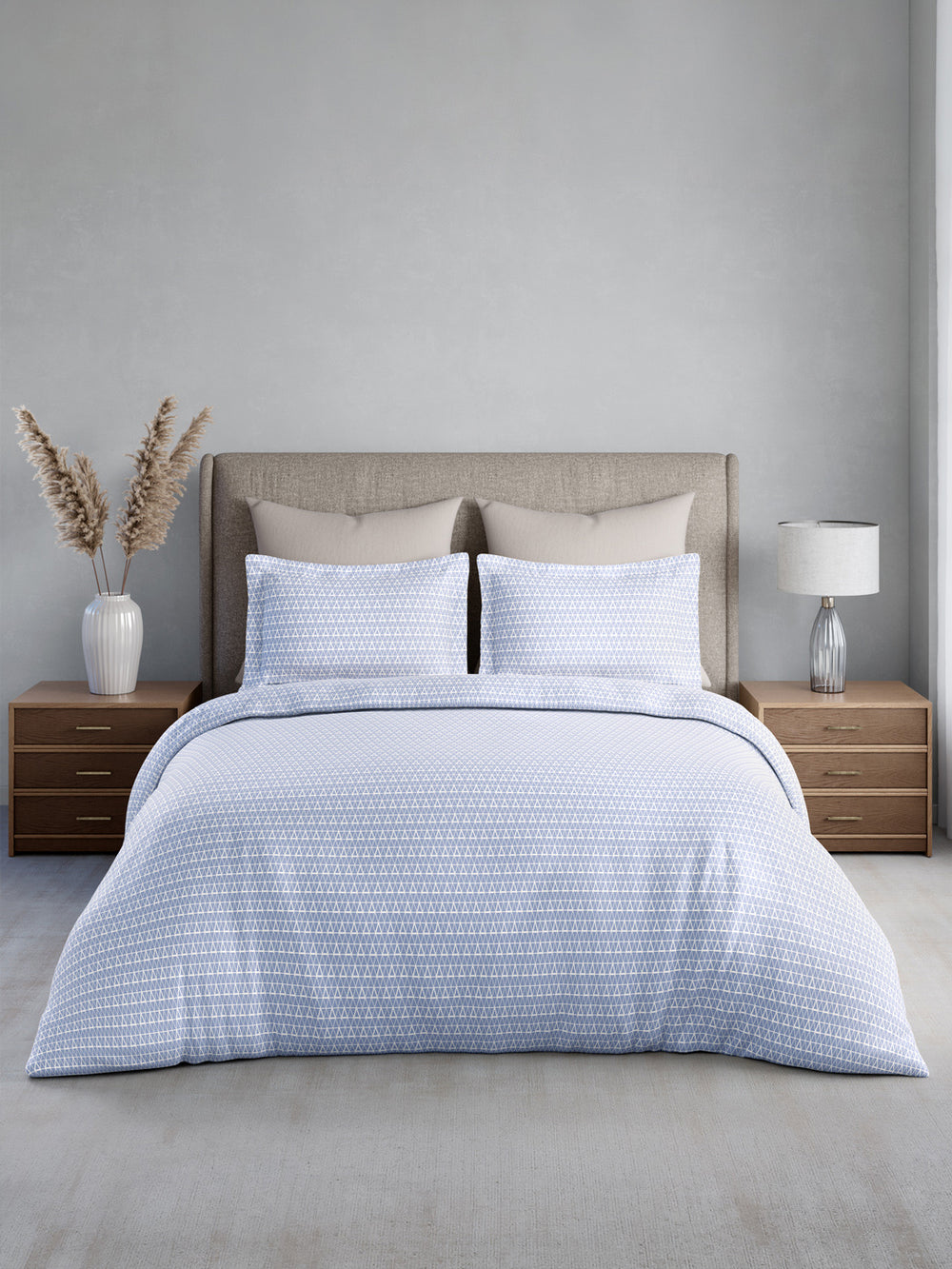 Cottage Garden 100% Cotton 300 TC King Bedsheet with 2 Pillow Covers | Blue Geometric Bedsheet Set