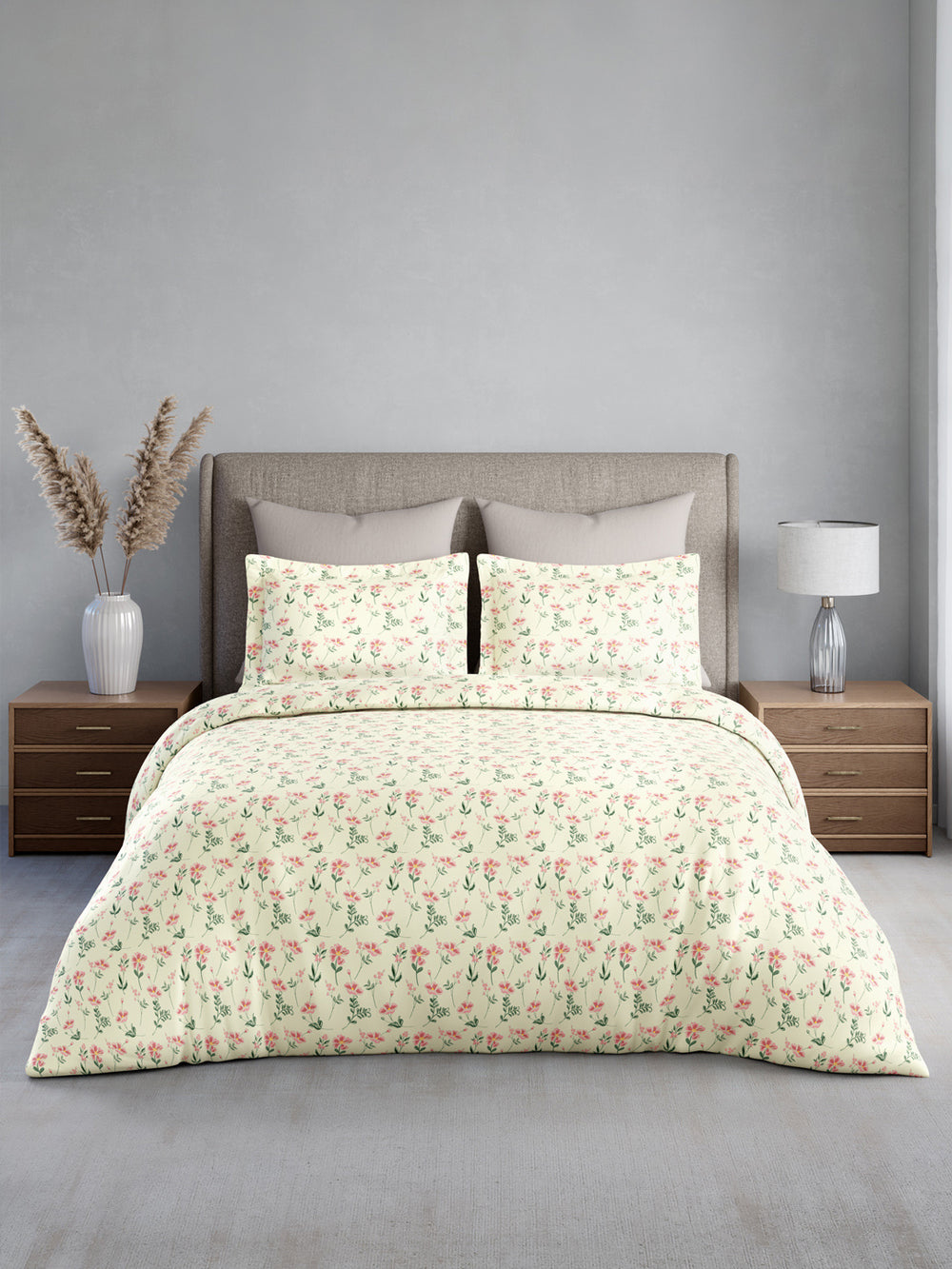 Cottage Garden 100% Cotton 300 TC King Bedsheet with 2 Pillow Covers | Green & Pink Floral Bedsheet Set