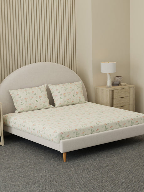 100% Cotton 300 TC, Printed King Bedsheet Set, Cottage Garden