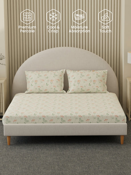 100% Cotton 300 TC, Printed King Bedsheet Set, Cottage Garden