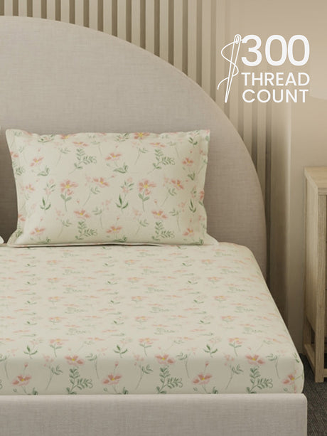100% Cotton 300 TC, Printed King Bedsheet Set, Cottage Garden