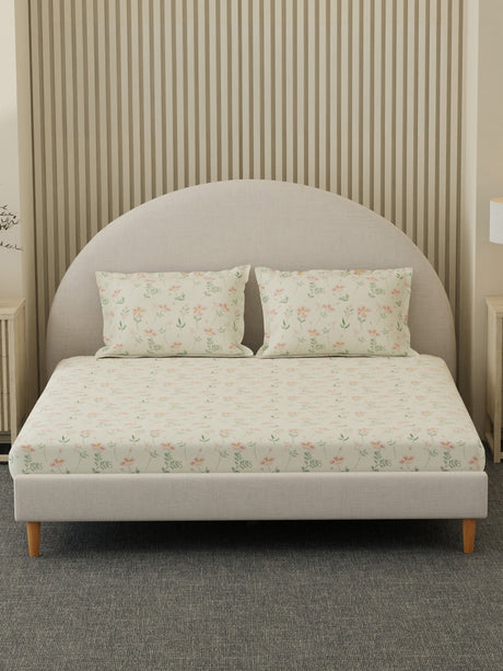 100% Cotton 300 TC, Printed King Bedsheet Set, Cottage Garden