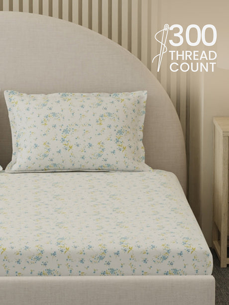 100% Cotton 300 TC, Printed King Bedsheet Set, Cottage Garden