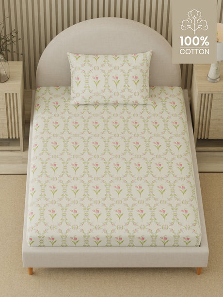 Cottage Garden 100% Cotton 300 TC Single Bedsheet with 1 Pillow Cover | Printed Bedsheet Set
