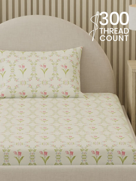 100% Cotton, 300 TC Printed Single Bedsheet Set, Cottage Garden